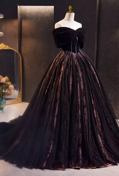 Dreamy A-Line Off-Shoulder Evening Gowns Velvet Floral Prom Dress AP5772