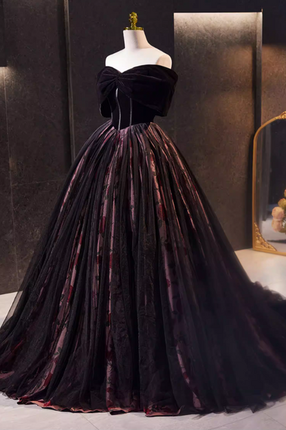Dreamy A-Line Off-Shoulder Evening Gowns Velvet Floral Prom Dress AP5772