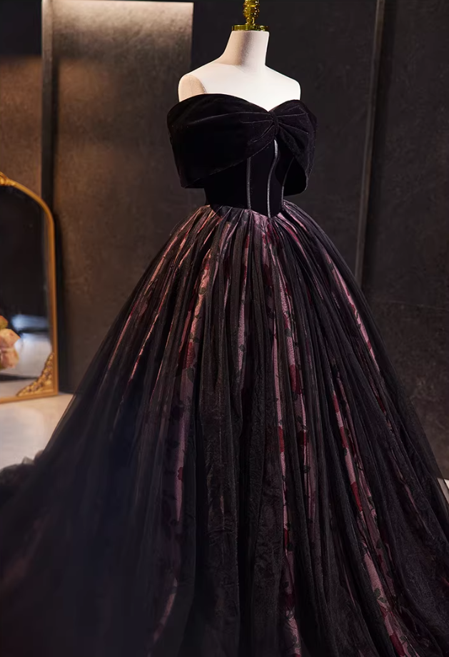 Dreamy A-Line Off-Shoulder Evening Gowns Velvet Floral Prom Dress AP5772