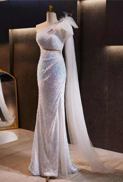 Ethereal One-Shoulder Cutout High-Slit Mermaid Evening Dresses Sequins Bow Feather Prom Dress AP5773