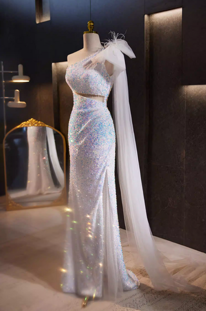 Ethereal One-Shoulder Cutout High-Slit Mermaid Evening Dresses Sequins Bow Feather Prom Dress AP5773