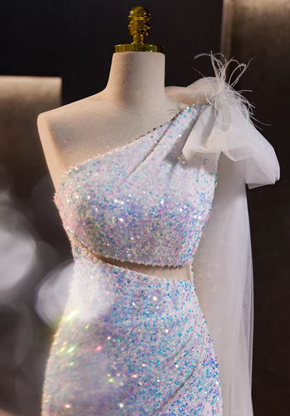 Ethereal One-Shoulder Cutout High-Slit Mermaid Evening Dresses Sequins Bow Feather Prom Dress AP5773