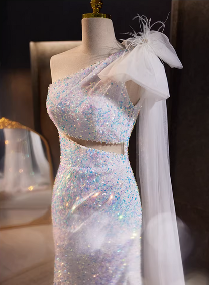 Ethereal One-Shoulder Cutout High-Slit Mermaid Evening Dresses Sequins Bow Feather Prom Dress AP5773