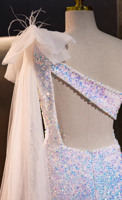 Ethereal One-Shoulder Cutout High-Slit Mermaid Evening Dresses Sequins Bow Feather Prom Dress AP5773