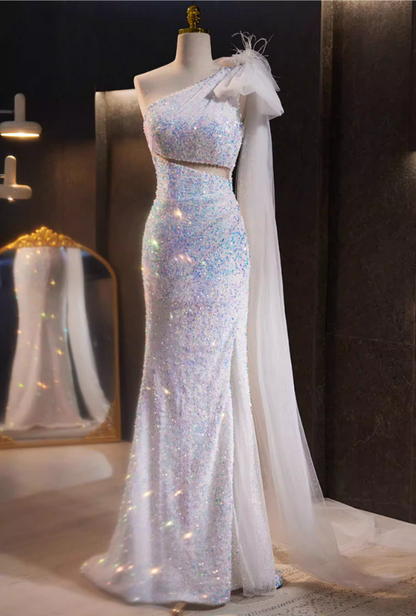 Ethereal One-Shoulder Cutout High-Slit Mermaid Evening Dresses Sequins Bow Feather Prom Dress AP5773