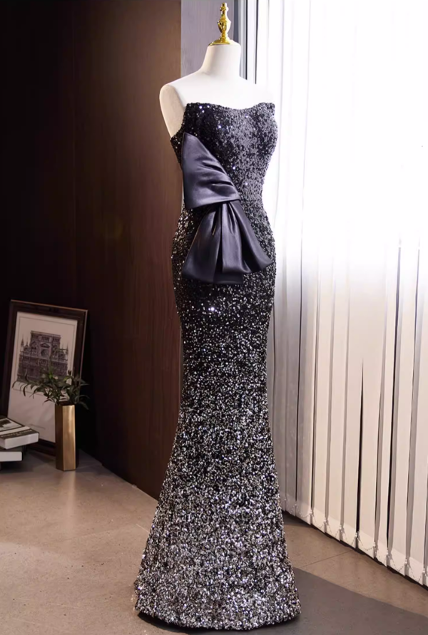 Sheen Strapless Black Ombre Evening Mermaid Dress Sequins Bow Prom Dress AP5774