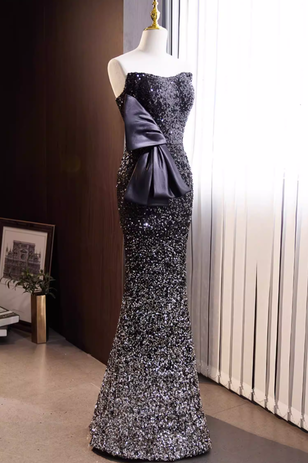Sheen Strapless Black Ombre Evening Mermaid Dress Sequins Bow Prom Dress AP5774