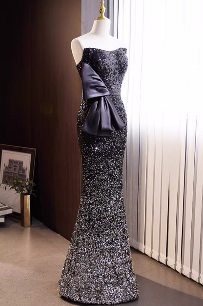 Sheen Strapless Black Ombre Evening Mermaid Dress Sequins Bow Prom Dress AP5774