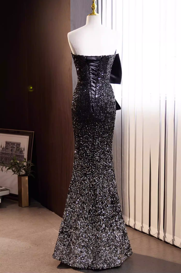 Sheen Strapless Black Ombre Evening Mermaid Dress Sequins Bow Prom Dress AP5774