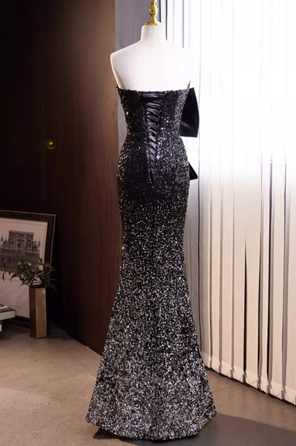 Sheen Strapless Black Ombre Evening Mermaid Dress Sequins Bow Prom Dress AP5774