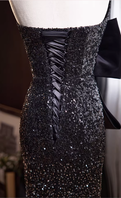 Sheen Strapless Black Ombre Evening Mermaid Dress Sequins Bow Prom Dress AP5774