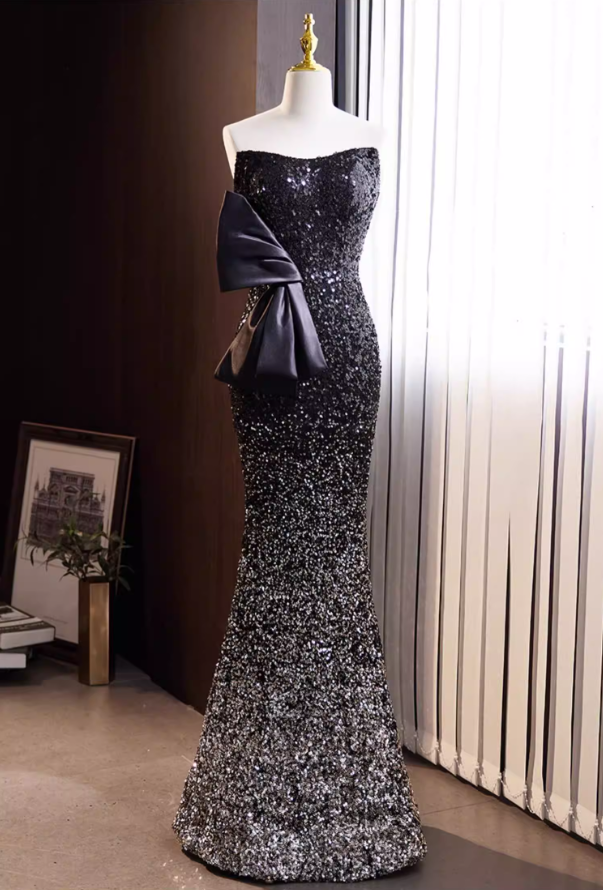 Sheen Strapless Black Ombre Evening Mermaid Dress Sequins Bow Prom Dress AP5774