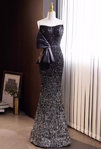 Sheen Strapless Black Ombre Evening Mermaid Dress Sequins Bow Prom Dress AP5774