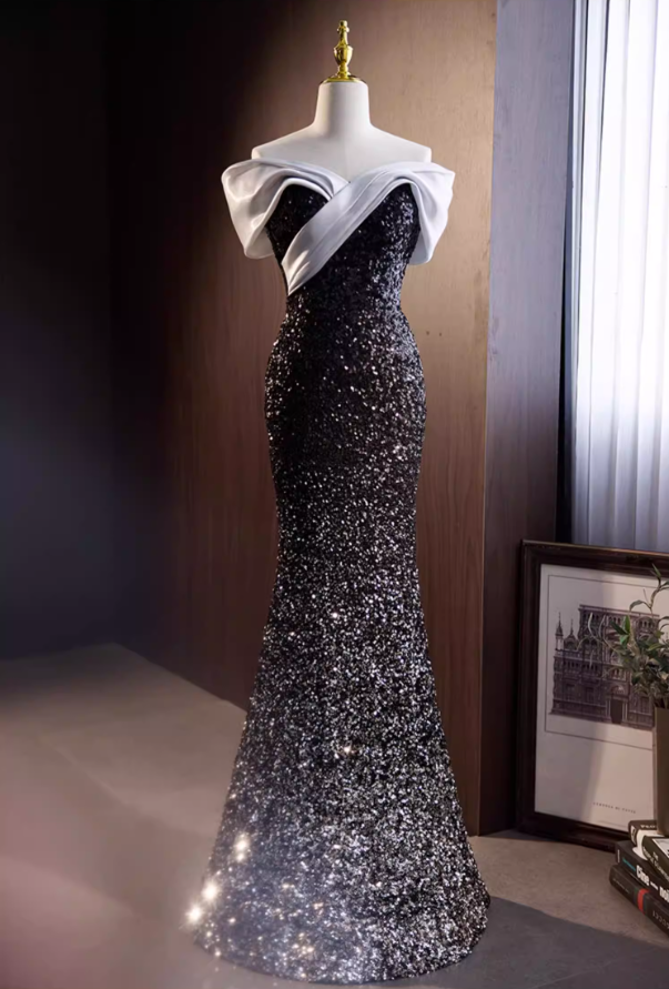 Alluring Off-Shoulder Mermaid Sweet 16th Dresses Sequins Ombre Black Prom Dress AP5775