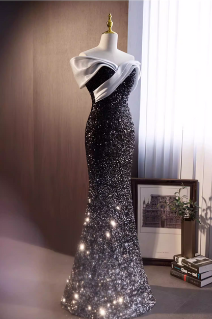 Alluring Off-Shoulder Mermaid Sweet 16th Dresses Sequins Ombre Black Prom Dress AP5775
