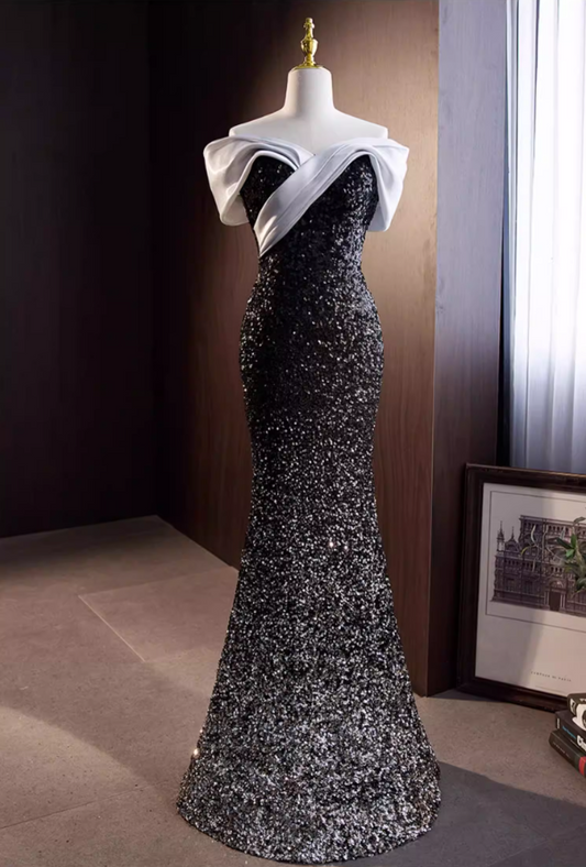 Alluring Off-Shoulder Mermaid Sweet 16th Dresses Sequins Ombre Black Prom Dress AP5775