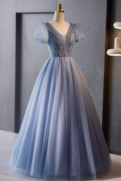 Glam V Neck A-Line Blue Tulle Sweet 16th Gowns Puff Short Sleeve Sequins Beading Prom Dress AP5777