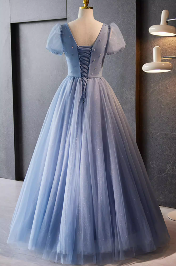 Glam V Neck A-Line Blue Tulle Sweet 16th Gowns Puff Short Sleeve Sequins Beading Prom Dress AP5777