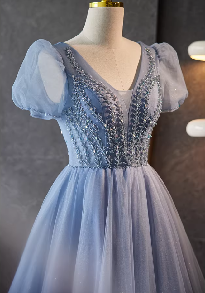 Glam V Neck A-Line Blue Tulle Sweet 16th Gowns Puff Short Sleeve Sequins Beading Prom Dress AP5777