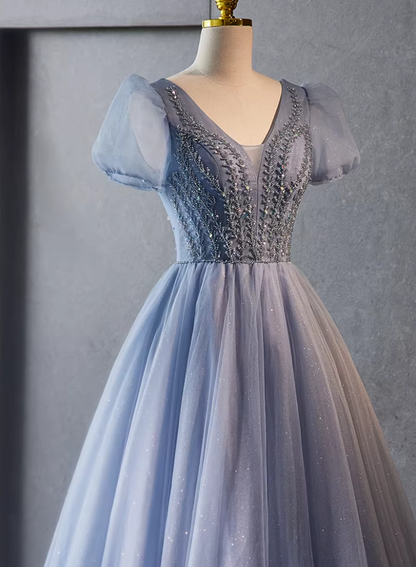 Glam V Neck A-Line Blue Tulle Sweet 16th Gowns Puff Short Sleeve Sequins Beading Prom Dress AP5777