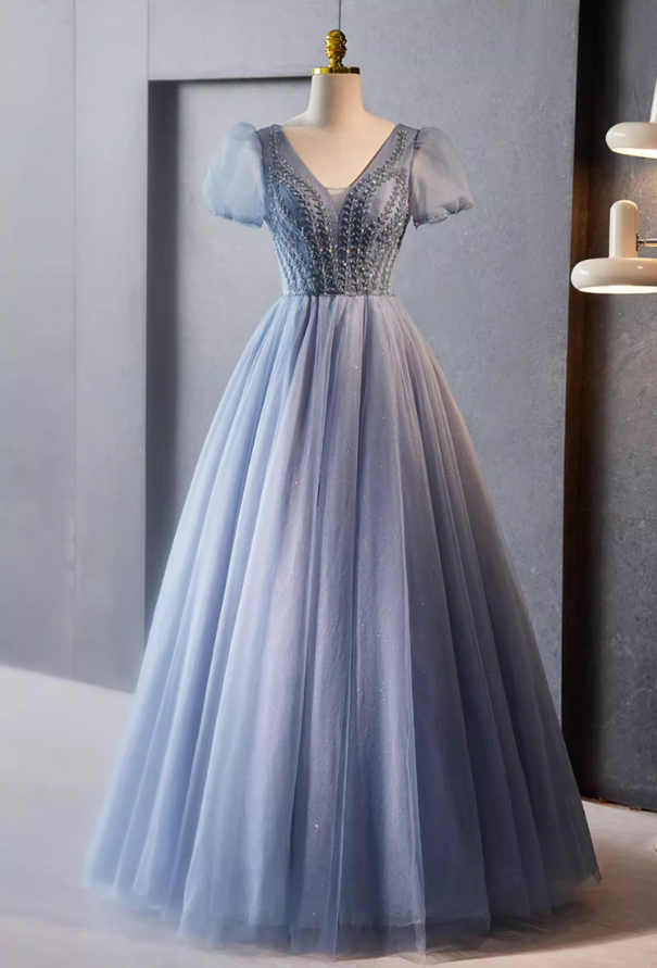 Glam V Neck A-Line Blue Tulle Sweet 16th Gowns Puff Short Sleeve Sequins Beading Prom Dress AP5777