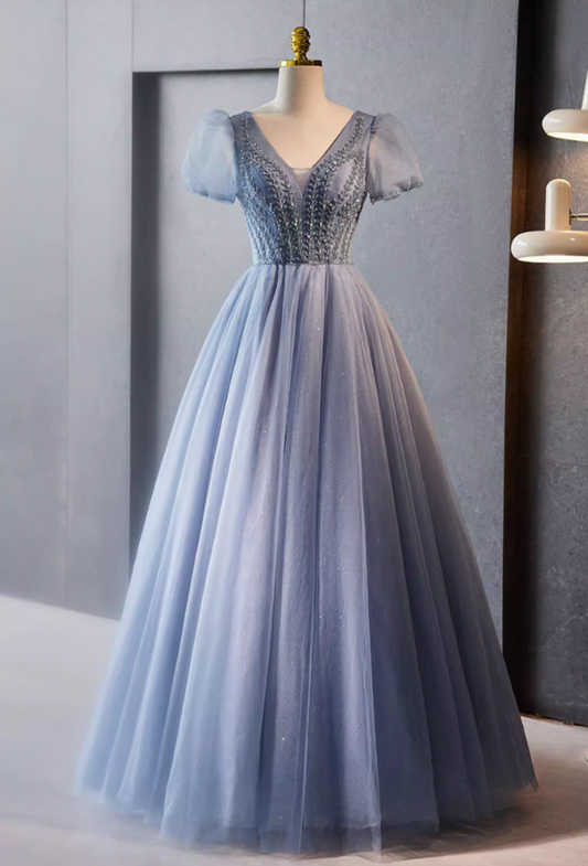 Glam V Neck A-Line Blue Tulle Sweet 16th Gowns Puff Short Sleeve Sequins Beading Prom Dress AP5777
