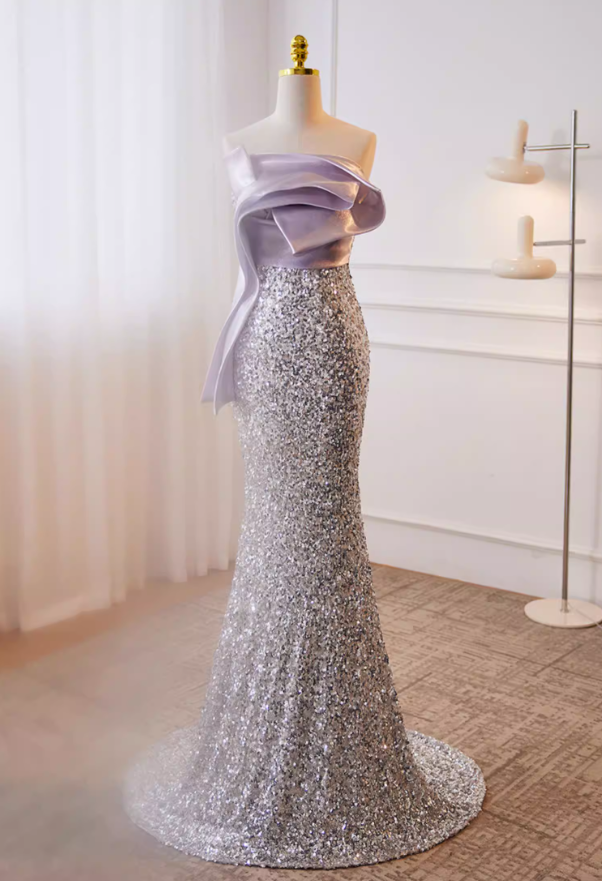 Dramatic Strapless Evening Mermaid Dress Silver Sequins Pleated Satin Prom Dress AP5779