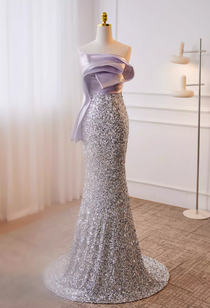 Dramatic Strapless Evening Mermaid Dress Silver Sequins Pleated Satin Prom Dress AP5779