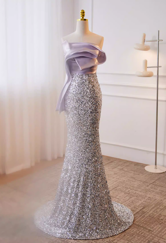 Dramatic Strapless Evening Mermaid Dress Silver Sequins Pleated Satin Prom Dress AP5779