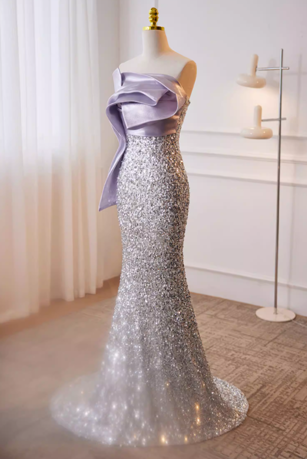 Dramatic Strapless Evening Mermaid Dress Silver Sequins Pleated Satin Prom Dress AP5779