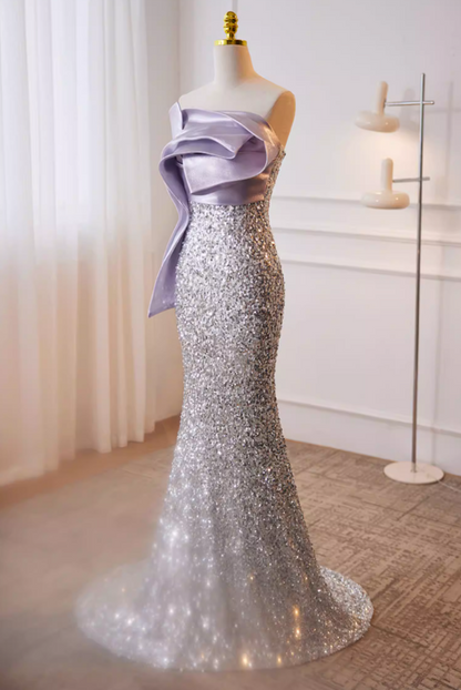 Dramatic Strapless Evening Mermaid Dress Silver Sequins Pleated Satin Prom Dress AP5779