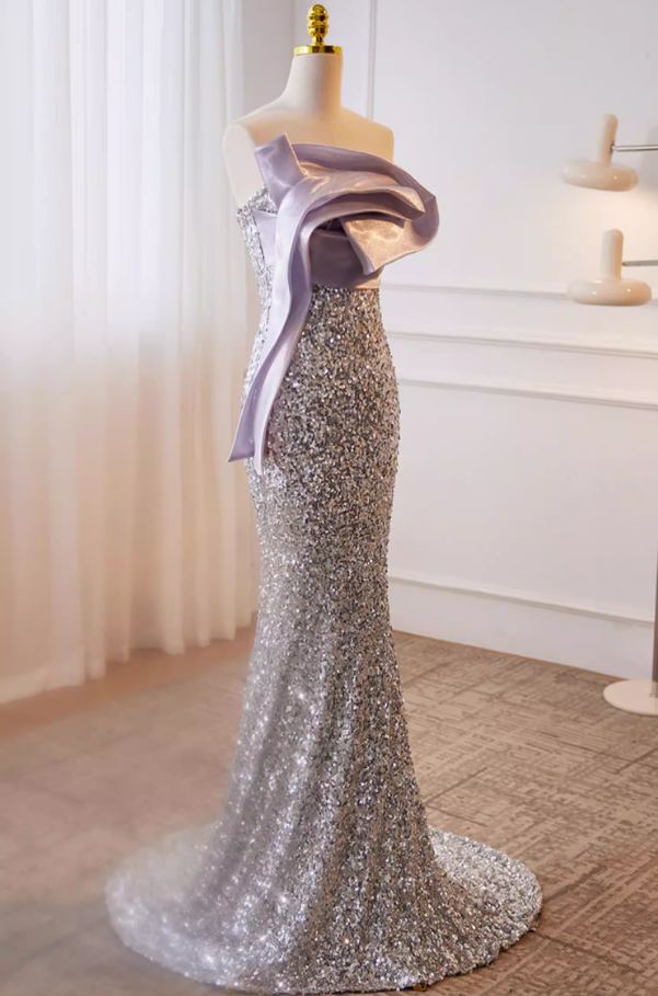 Dramatic Strapless Evening Mermaid Dress Silver Sequins Pleated Satin Prom Dress AP5779
