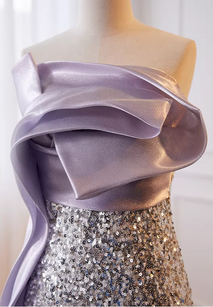 Dramatic Strapless Evening Mermaid Dress Silver Sequins Pleated Satin Prom Dress AP5779