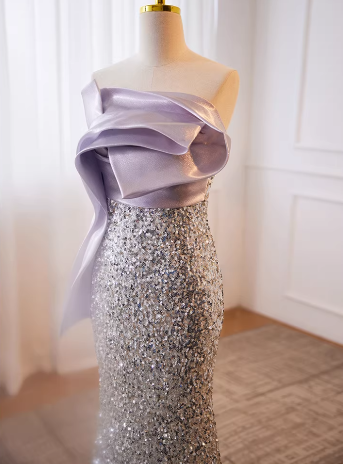 Dramatic Strapless Evening Mermaid Dress Silver Sequins Pleated Satin Prom Dress AP5779