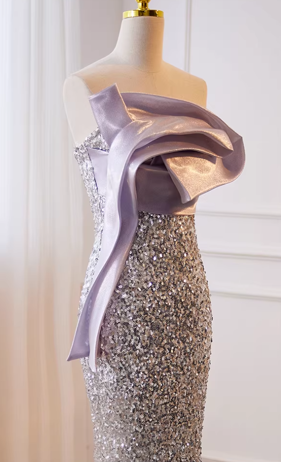Dramatic Strapless Evening Mermaid Dress Silver Sequins Pleated Satin Prom Dress AP5779