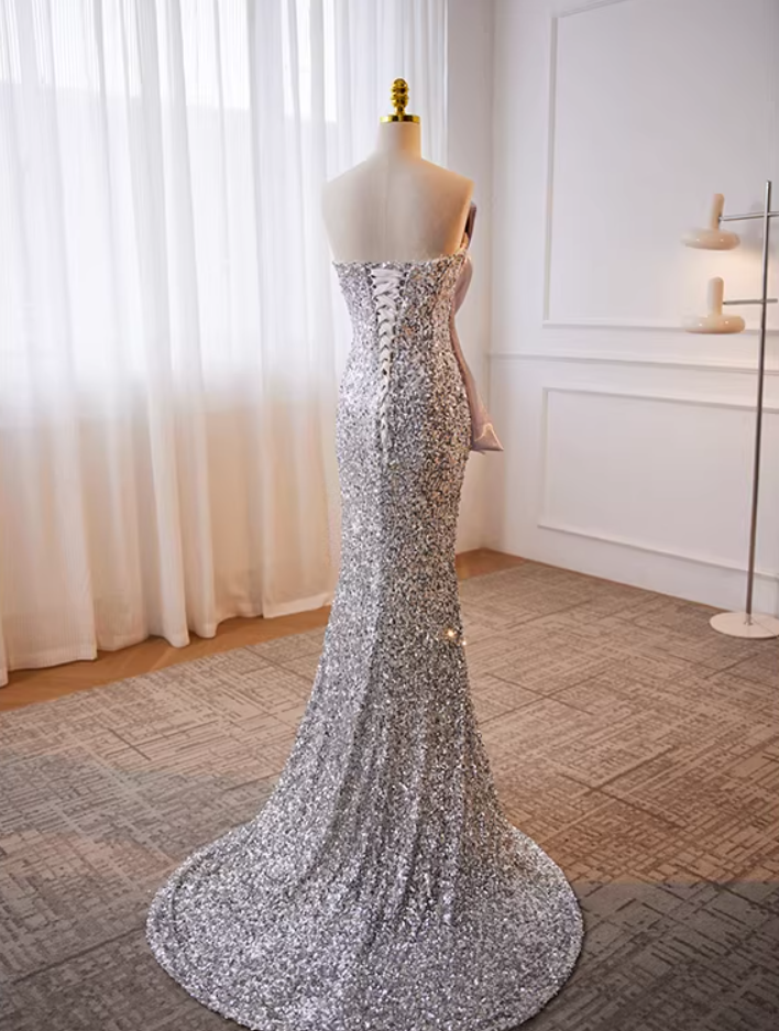Dramatic Strapless Evening Mermaid Dress Silver Sequins Pleated Satin Prom Dress AP5779