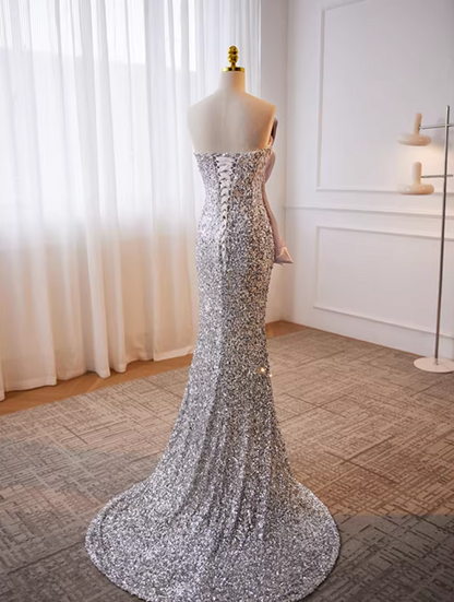 Dramatic Strapless Evening Mermaid Dress Silver Sequins Pleated Satin Prom Dress AP5779