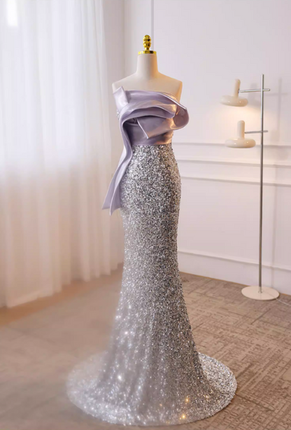 Dramatic Strapless Evening Mermaid Dress Silver Sequins Pleated Satin Prom Dress AP5779