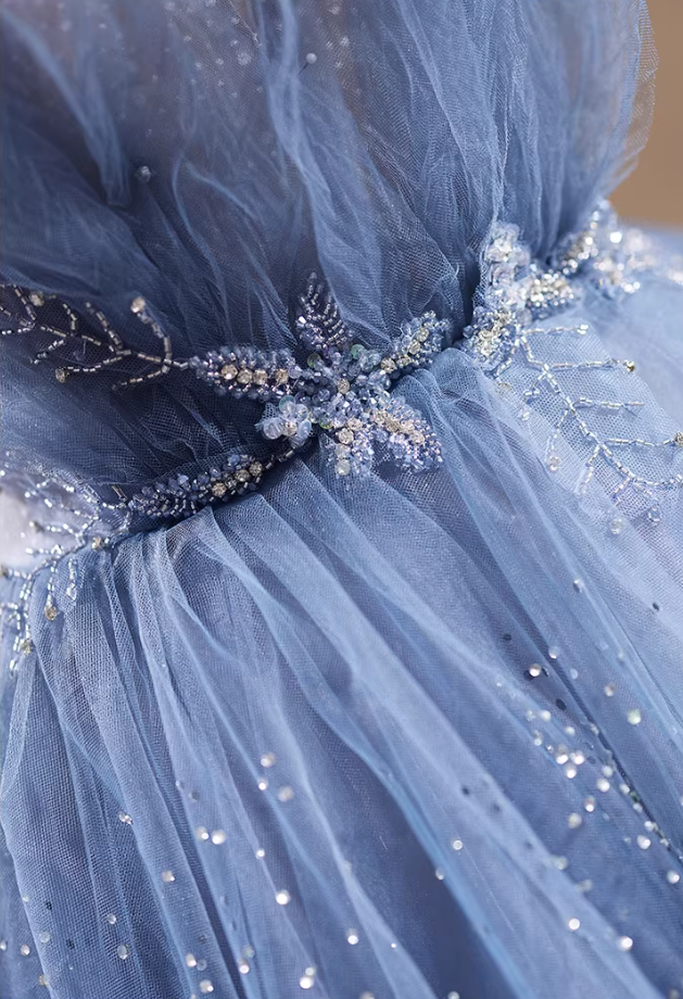 Novelty A-Line Spaghetti Strap Evening Gowns Sequins Layered Tulle Beading Prom Dress AP5781