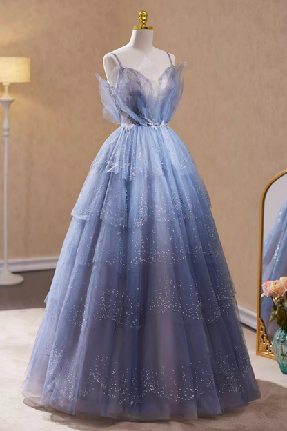Novelty A-Line Spaghetti Strap Evening Gowns Sequins Layered Tulle Beading Prom Dress AP5781