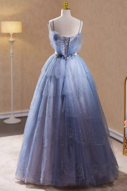 Novelty A-Line Spaghetti Strap Evening Gowns Sequins Layered Tulle Beading Prom Dress AP5781