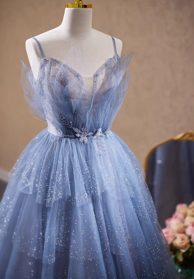 Novelty A-Line Spaghetti Strap Evening Gowns Sequins Layered Tulle Beading Prom Dress AP5781