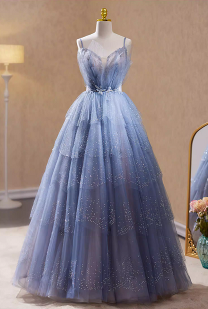 Novelty A-Line Spaghetti Strap Evening Gowns Sequins Layered Tulle Beading Prom Dress AP5781