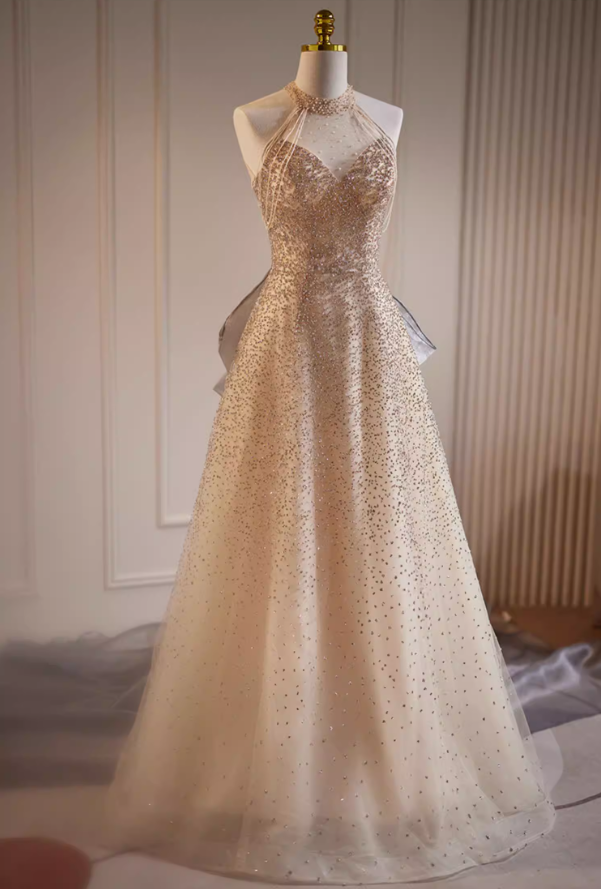 Unique Halter Neck A-Line Sweet 16 Gowns Beading Sequins Bow Train Prom Dress AP5782