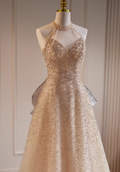 Unique Halter Neck A-Line Sweet 16 Gowns Beading Sequins Bow Train Prom Dress AP5782