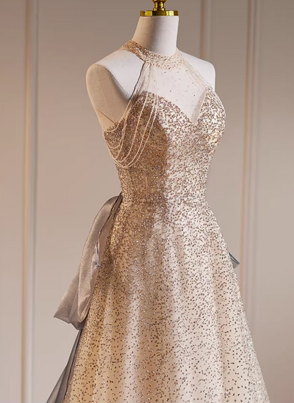 Unique Halter Neck A-Line Sweet 16 Gowns Beading Sequins Bow Train Prom Dress AP5782