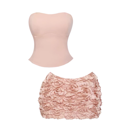 Minimalist Fitted Top Fluffy Floral Bottom 2-Piece Mini Skirt Charming Blush Pink Strapless Corset 3D Rose Bodycon Short Dress AP5786