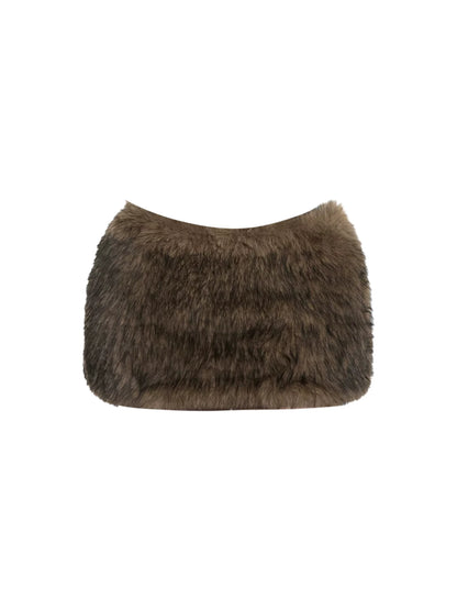 Simple Black Strapless Corset Brown Faux Fur Mini Skirt Vintage Fitted Top Fluffy Bottom 2-Piece Bodycon Short Dress AP5787