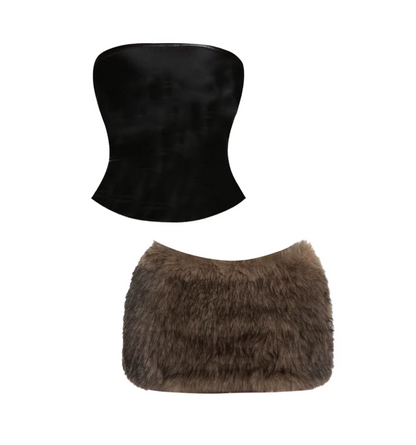Simple Black Strapless Corset Brown Faux Fur Mini Skirt Vintage Fitted Top Fluffy Bottom 2-Piece Bodycon Short Dress AP5787