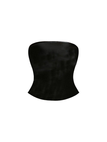 Simple Black Strapless Corset Brown Faux Fur Mini Skirt Vintage Fitted Top Fluffy Bottom 2-Piece Bodycon Short Dress AP5787